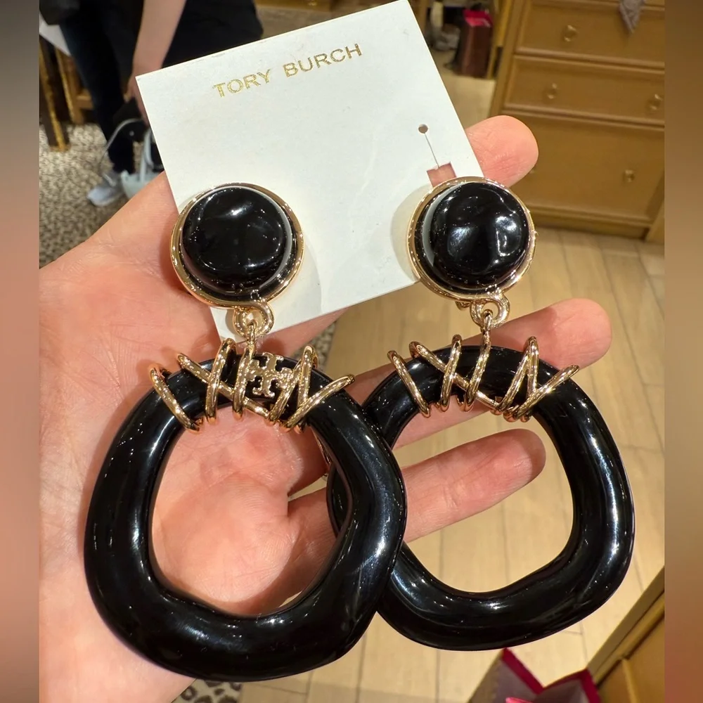 Tory Burch Kira Logo Clip On Doorknocker Drop Earrings in 18K Gold Plated, Black